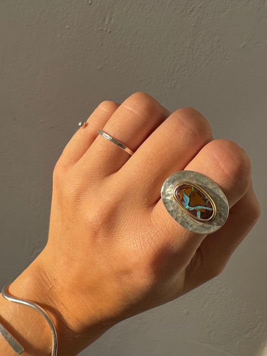Boulder Opal Gilded Orb Ring ~ Silver + Gold, 8-8.5