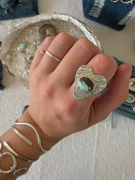 Blackjack Turquoise ~ Hammered Heart Ring ~ Silver, 7-7.5