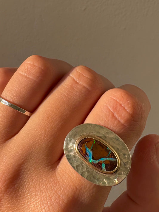 Boulder Opal Gilded Orb Ring ~ Silver + Gold, 8-8.5