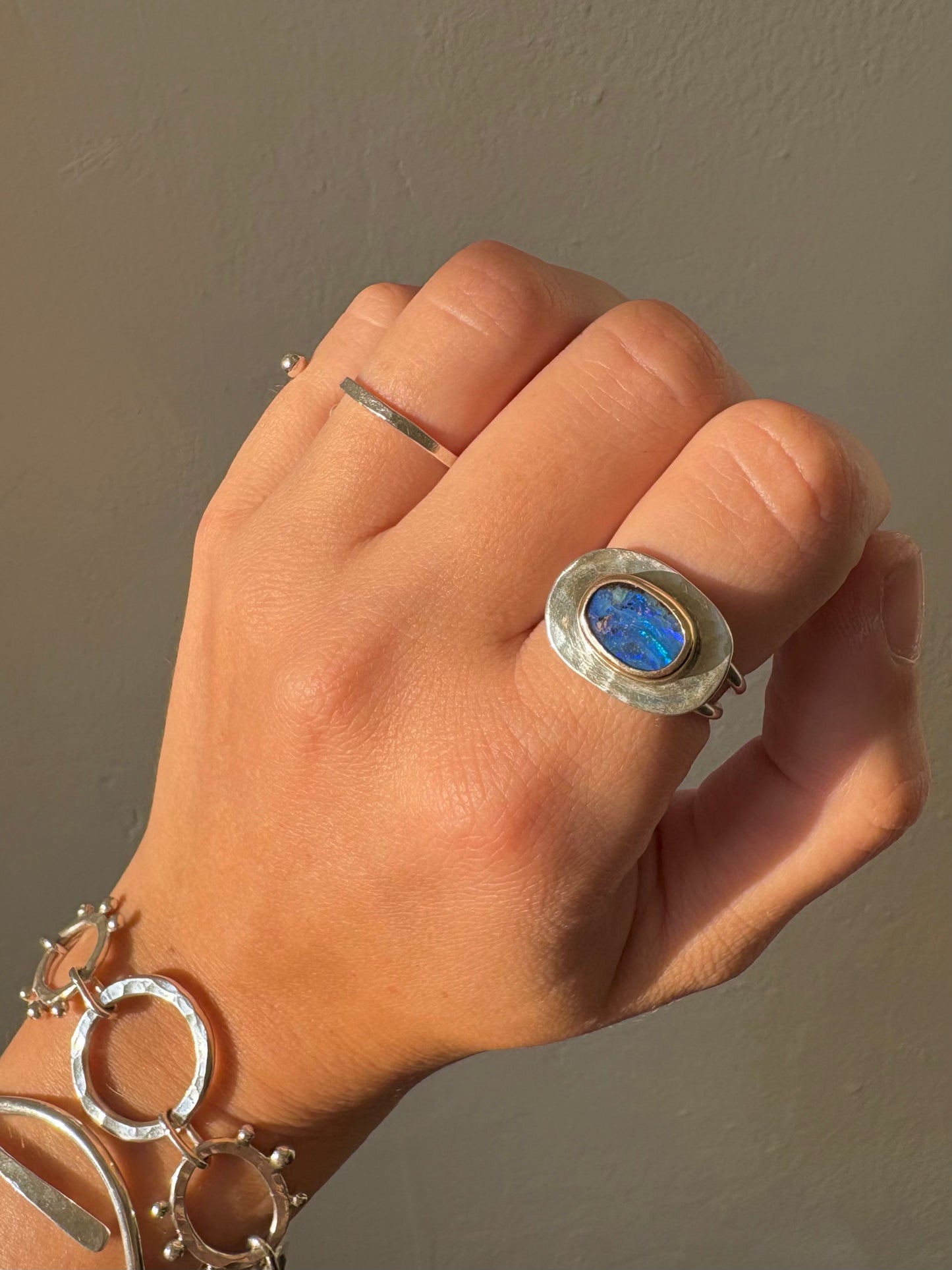 Boulder Opal Gilded Orb Ring ~ Silver + Gold, 7.5-8