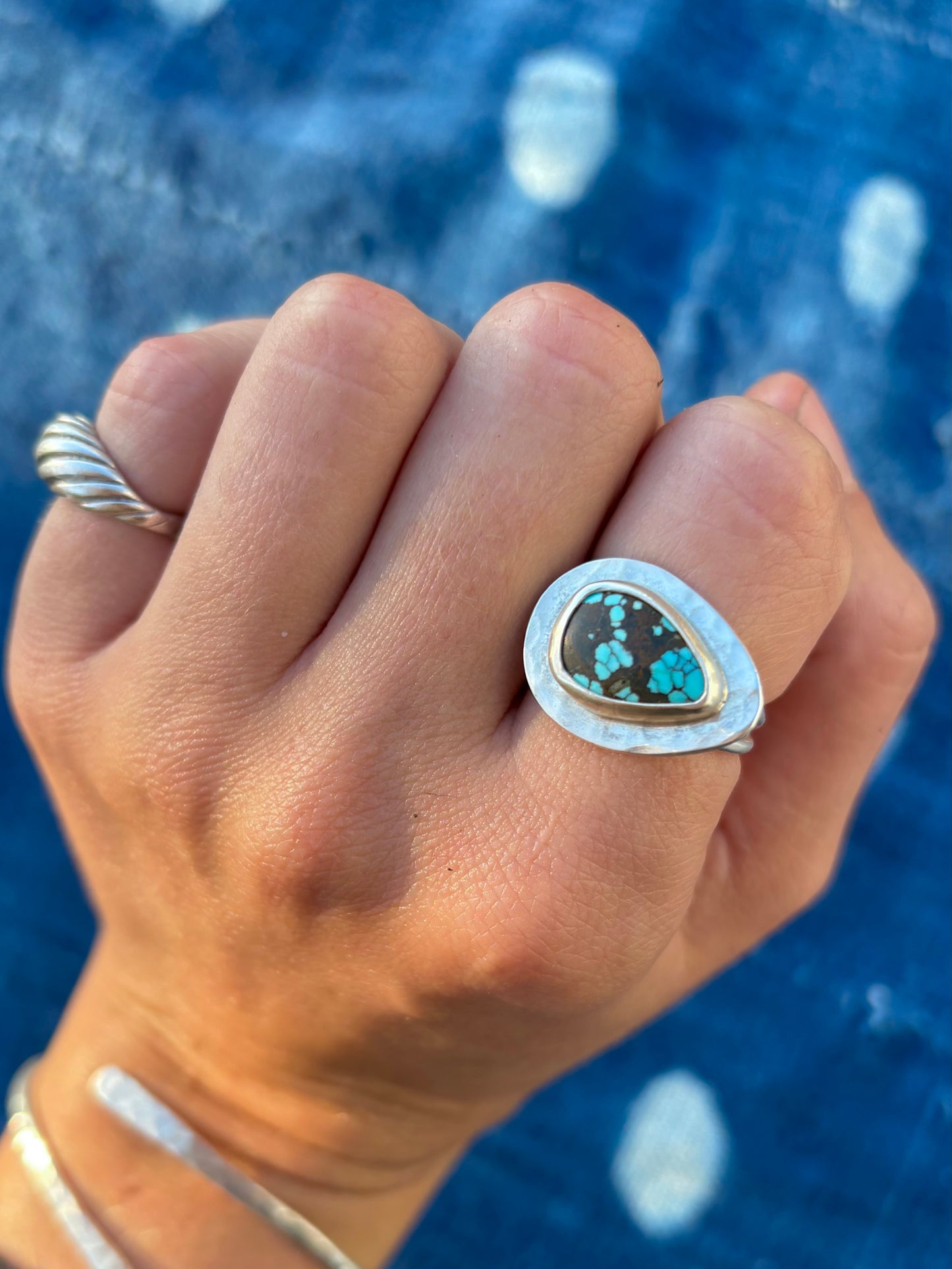 Kingman Turquoise Hammered Ring ~ 8