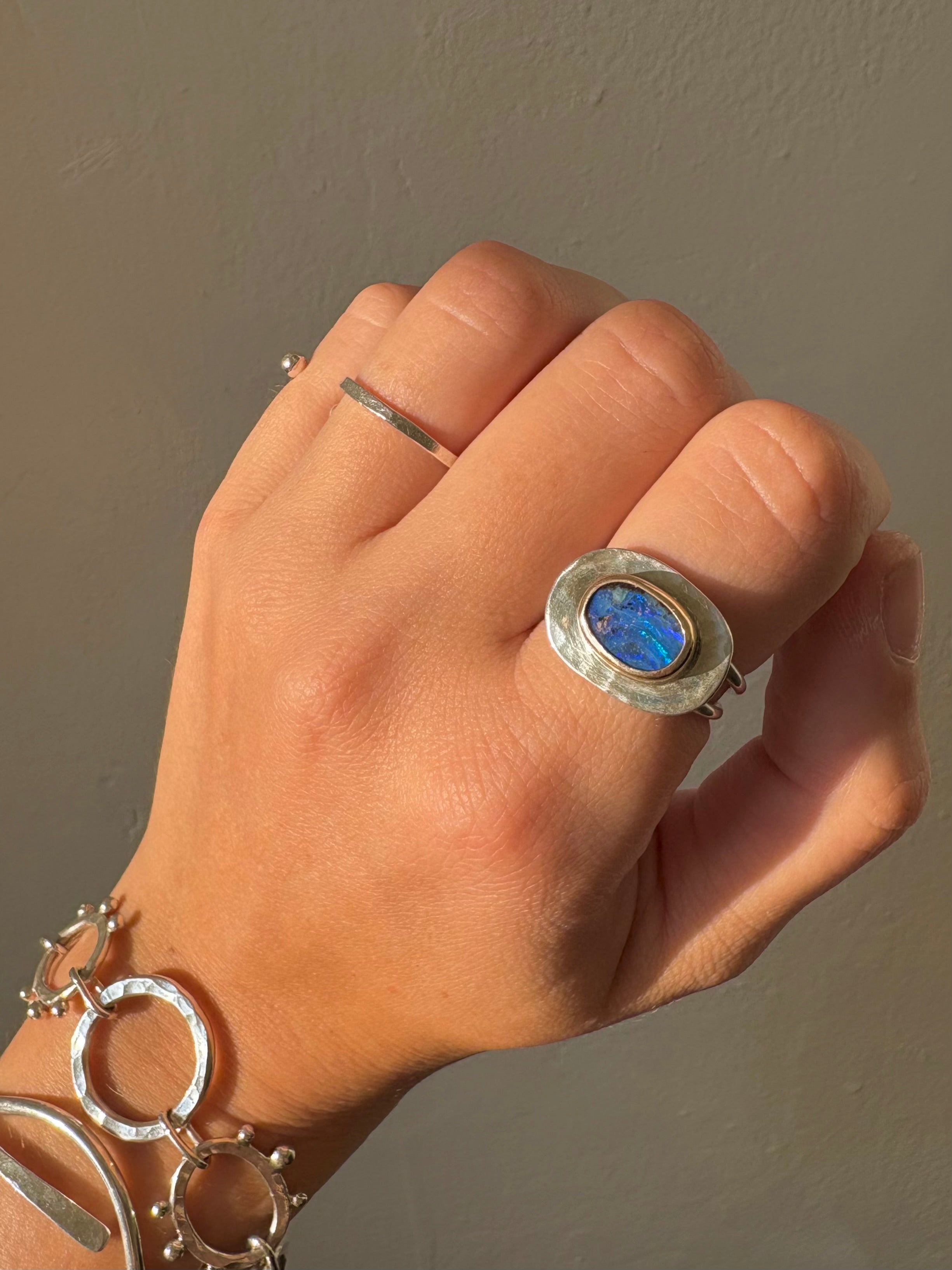 Boulder Opal Gilded Orb Ring ~ Silver + Gold, 7.5-8