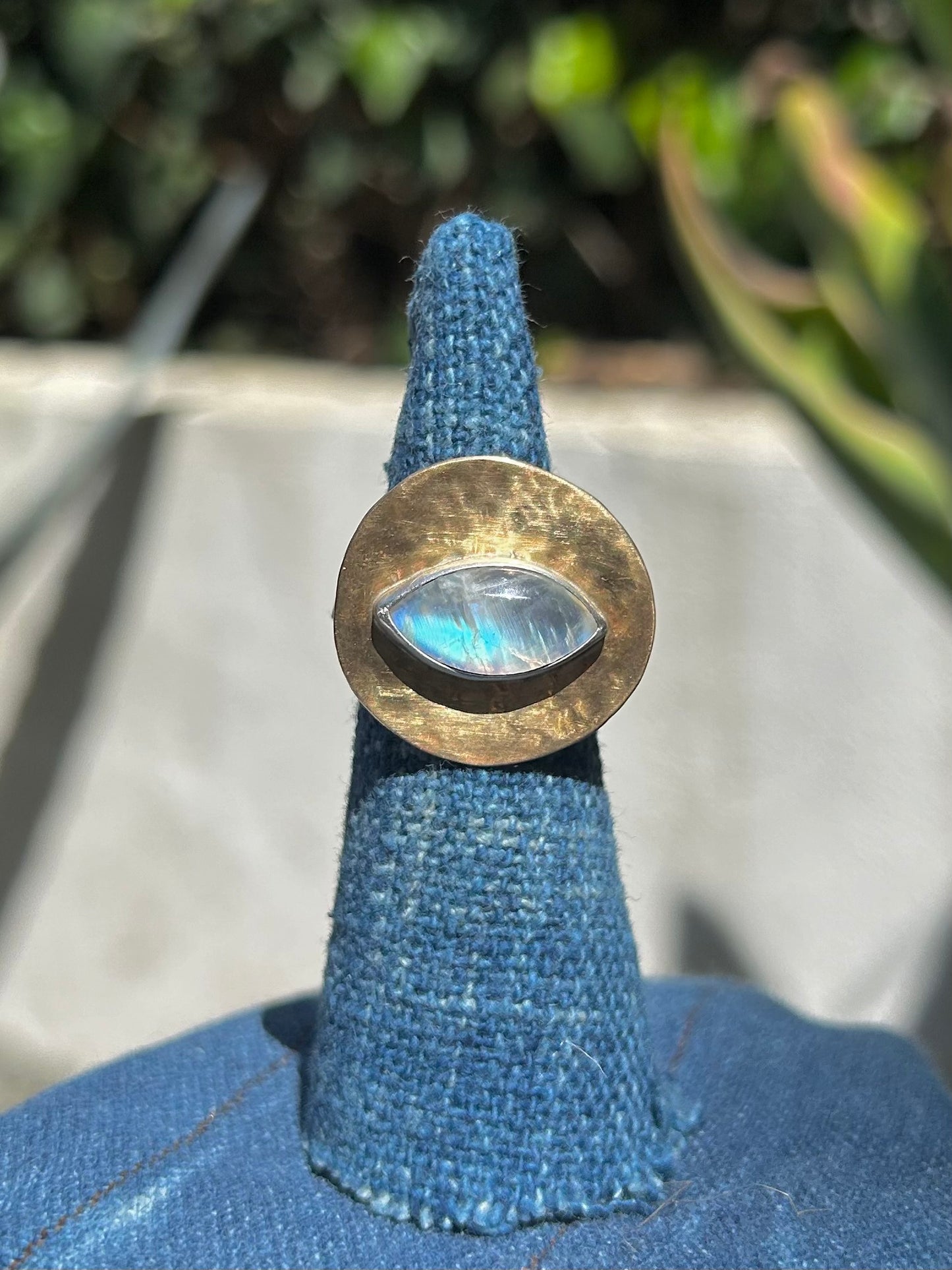 Moonstone Golden Orb Silver + Brass Ring ~ Large Marquise