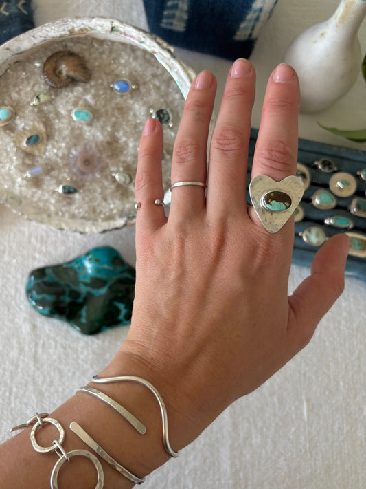 Blackjack Turquoise ~ Hammered Heart Ring ~ Silver, 7-7.5